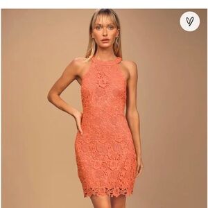 NWT Lulus Love Poem Coral Orange Lace Mini Dress- S